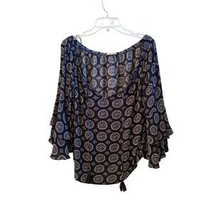 Solitaire Black White Medallion Print Tiered Bell Sleeve Tassel Blouse L